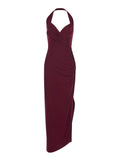 Long Sleeveless Dress KK4253 with American Neckline and Asymmetrical Design in Stretch Tech Fabric Bordeaux Women Polyamide Elastane