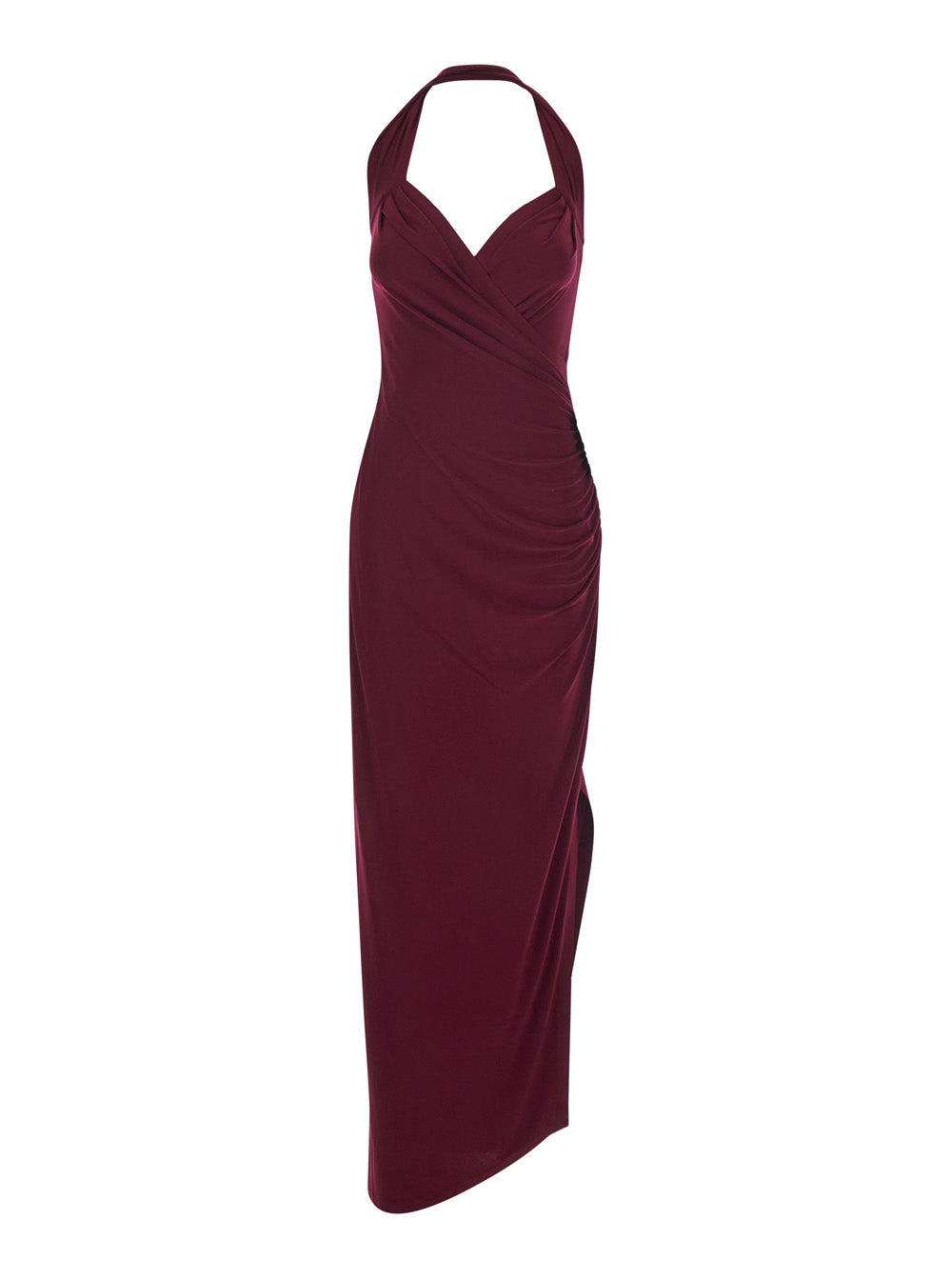 Long Sleeveless Dress KK4253 with American Neckline and Asymmetrical Design in Stretch Tech Fabric Bordeaux Women Polyamide Elastane