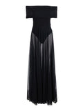 Dress Sleeveless Cowl Neck Combo Flared Gown Black - Long With Neckline And Bottom Fabric Women