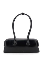 Boat Wide Black Shoulder Bag With Round Handles And Lettering Logo On The Front Leather Woman
