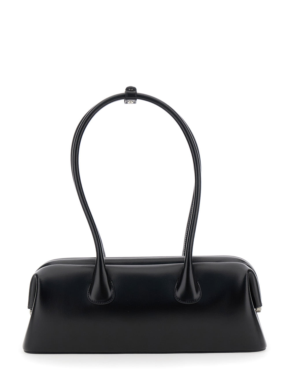 Boat Wide Black Shoulder Bag With Round Handles And Lettering Logo On The Front Leather Woman