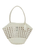 Shoulder Bag Lip with Rounded Handles and Woven Design in White Leather for Women Recycled