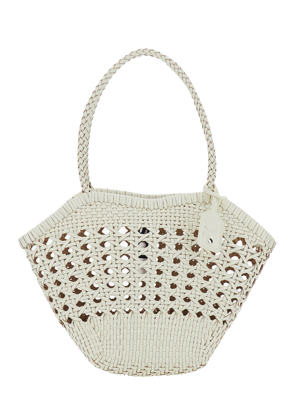 Shoulder Bag Lip with Rounded Handles and Woven Design in White Leather for Women Recycled