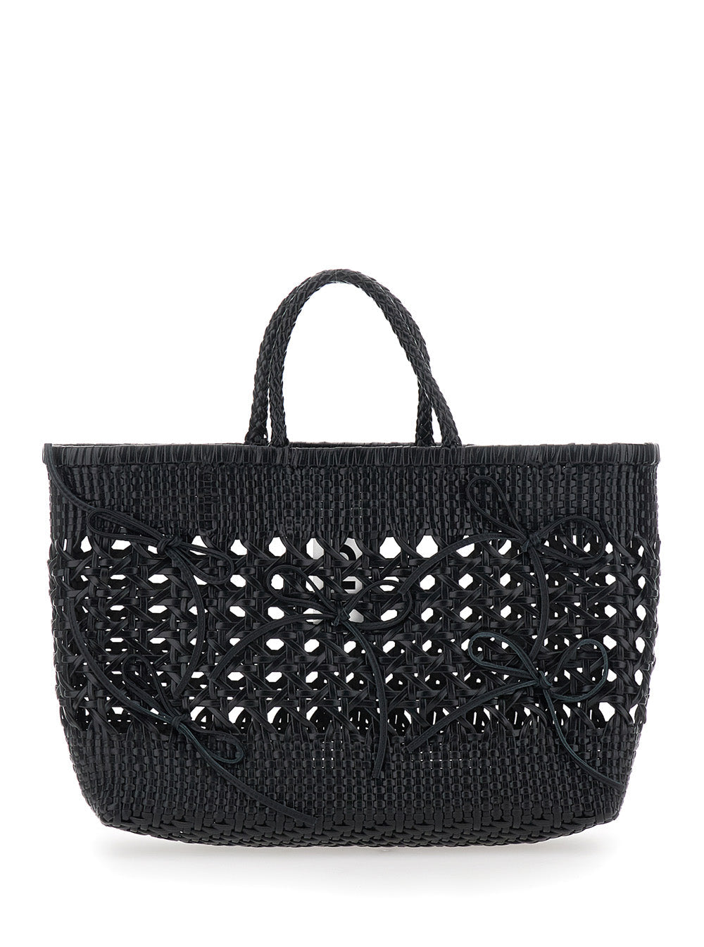 Handbag Biscuit Tote with Double Round Handles and Ecoleather Intreccio Design for Women Black Recycled Leather Hand Bags