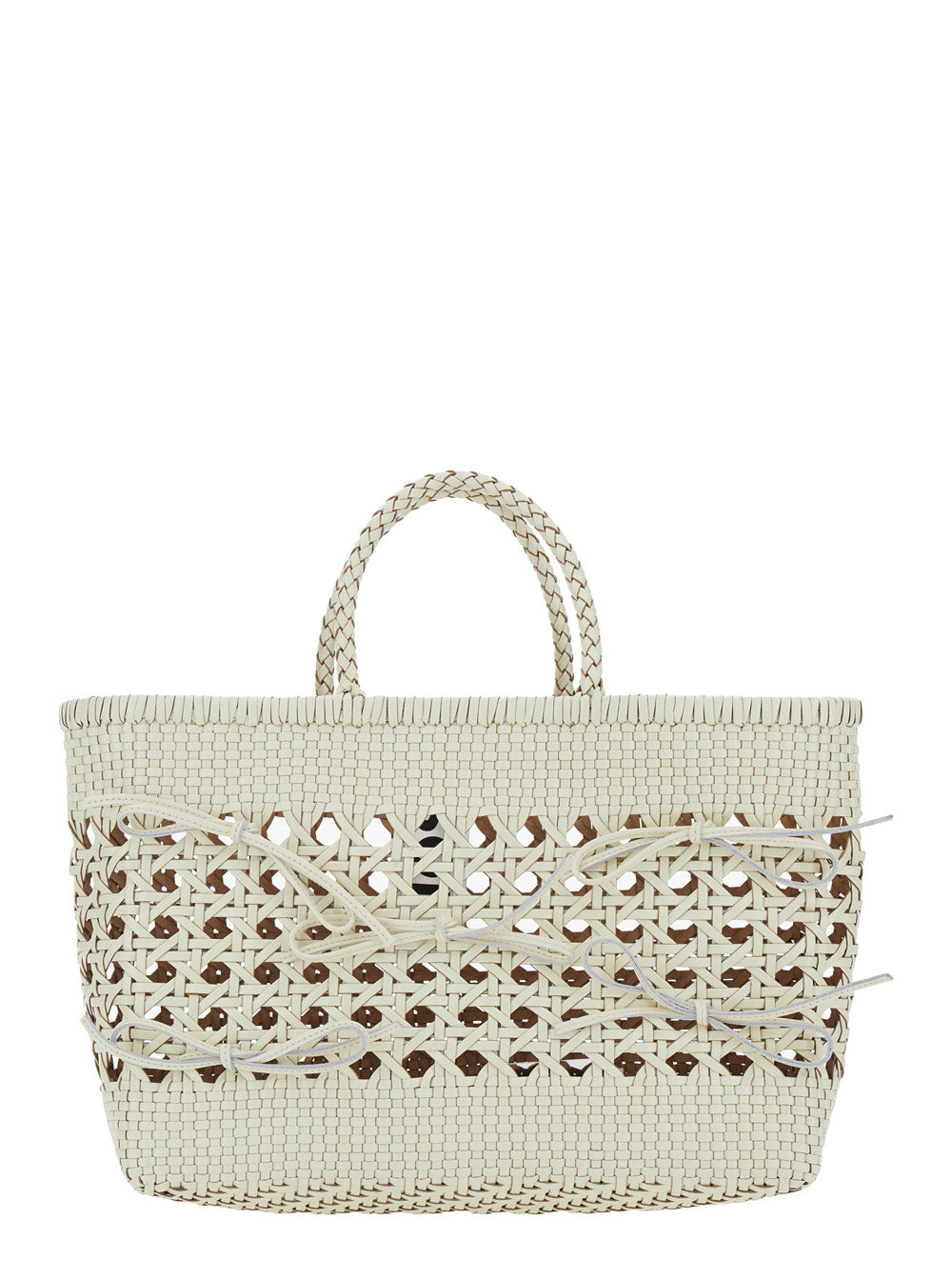 Handbag Biscuit Tote with Double Round Handles and Ecoleather Intreccio Design for Women White Recycled Leather Hand Bags