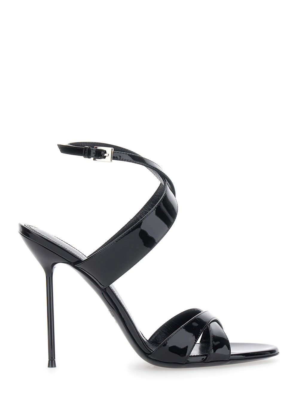 Lidia High Heel Sandals with Braided Ankle Strap and Stiletto in Shiny Black Leather for Women Calf Heels