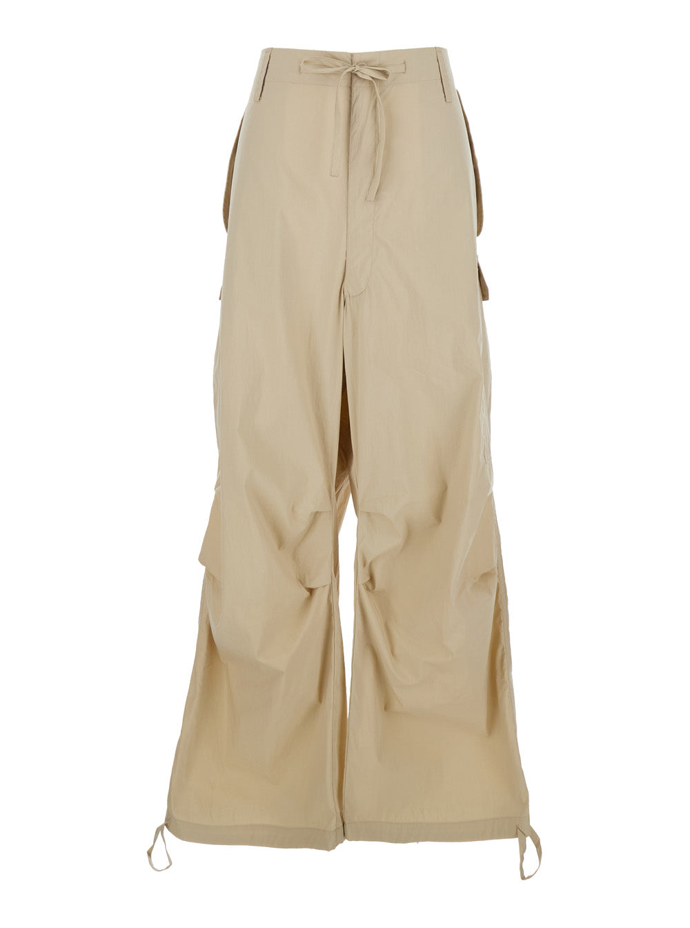 Beige Drawstring Waist Cargo Pants for Women Polyamide Cotton Trousers