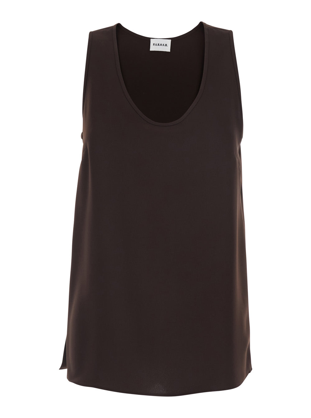 Sleeveless Top with Round Neck - Tech Fabric Brown Women Polyester Tops
