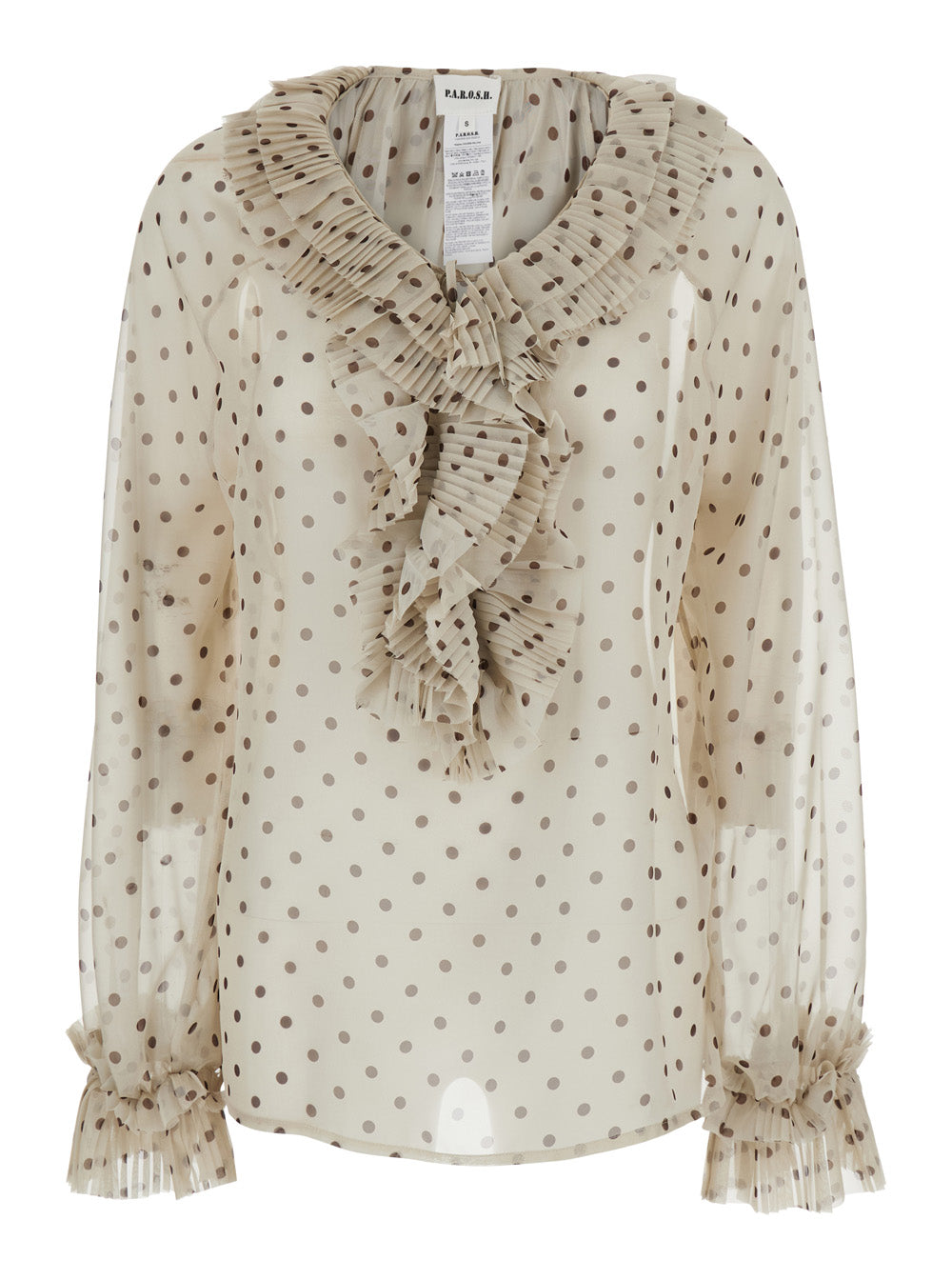 Blouse with Ruffles on the Front and All-Over Polka Dot Print in Tech Fabric Beige Women Polyester Shirts Blouses
