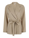 Double-breasted Jacket with Notched Revers and Front Belt in Beige Tech Fabric for Women Polyester Blazers