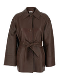 Brown Leather Jacket with Wide Collar and Front Belt for Women Lamb Blazers
