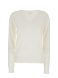 Long Sleeve V-Neck Sweater in White Wool and Silk Blend for Women Cashmere Jersey