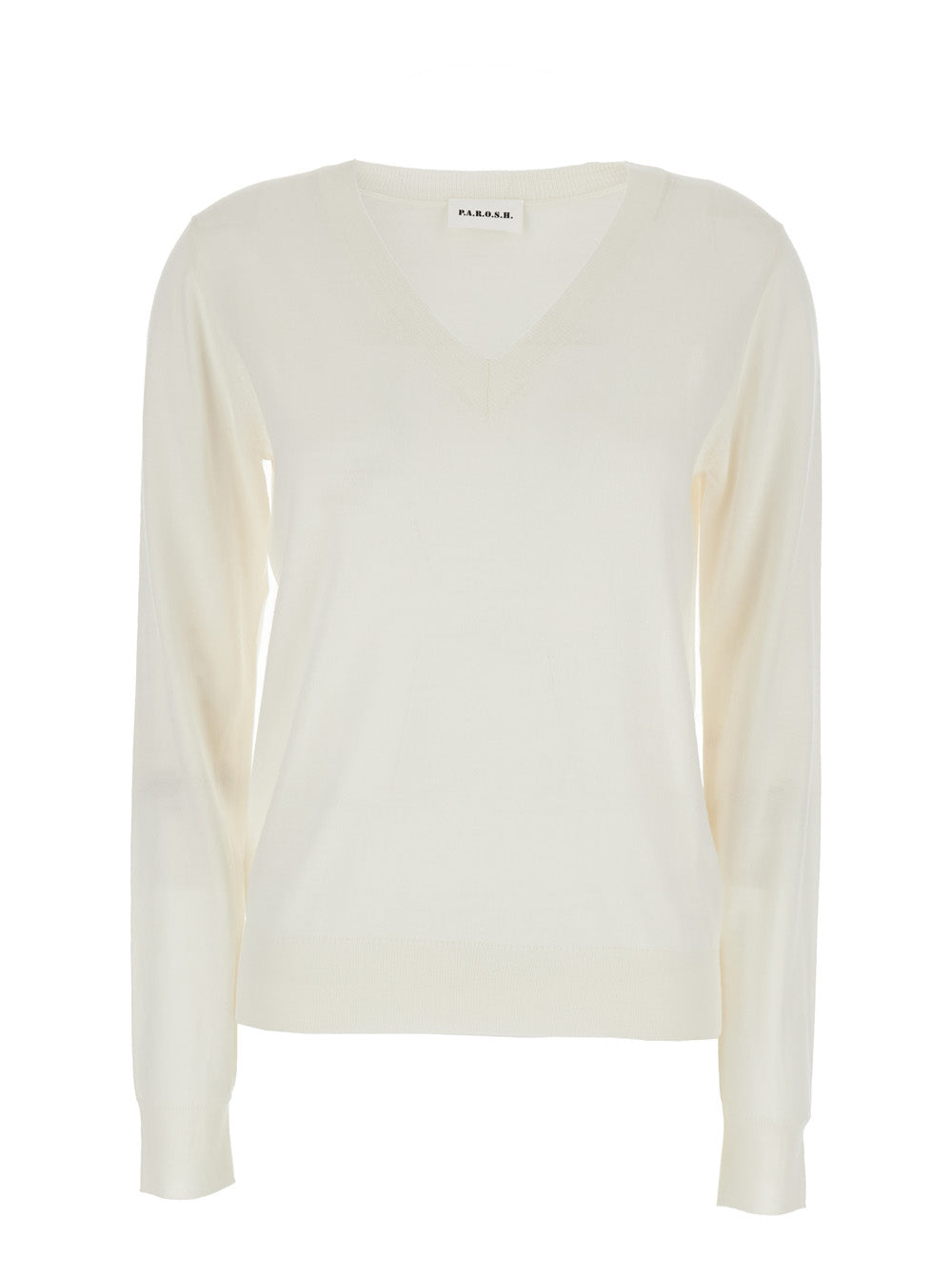 Long Sleeve V-Neck Sweater in White Wool and Silk Blend for Women Cashmere Jersey