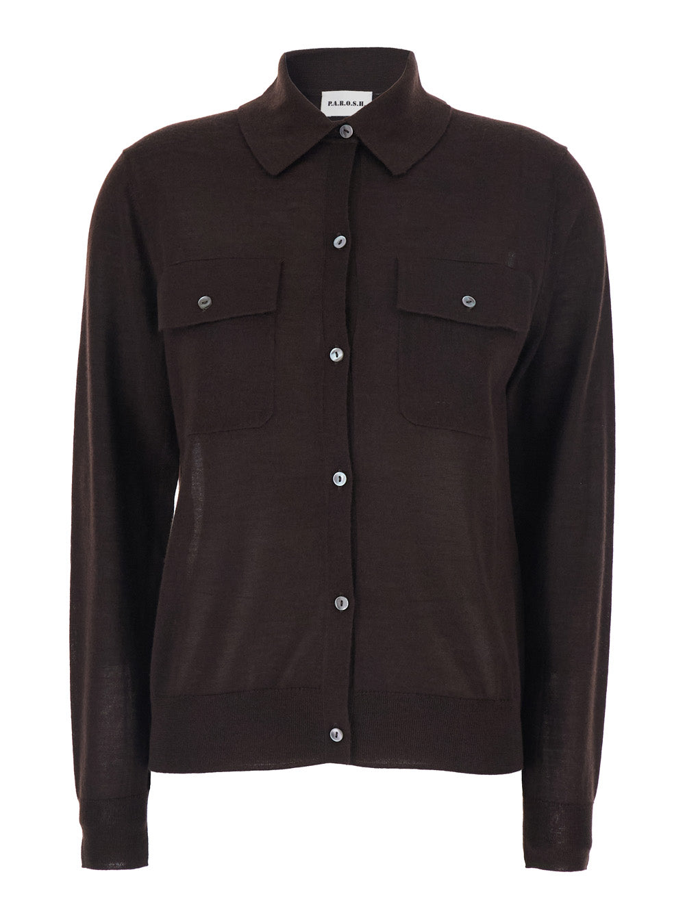 Polo Collar Sweater with Front Button Closure in Brown Wool Blend for Women Silk Cashmere Jersey
