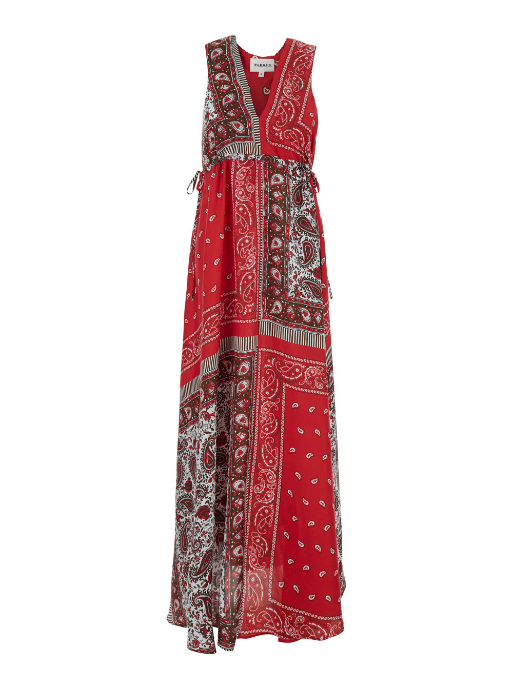 Long Dress Shiele With V-Neck And All-Over Bandana Motif Red Silk For Women
