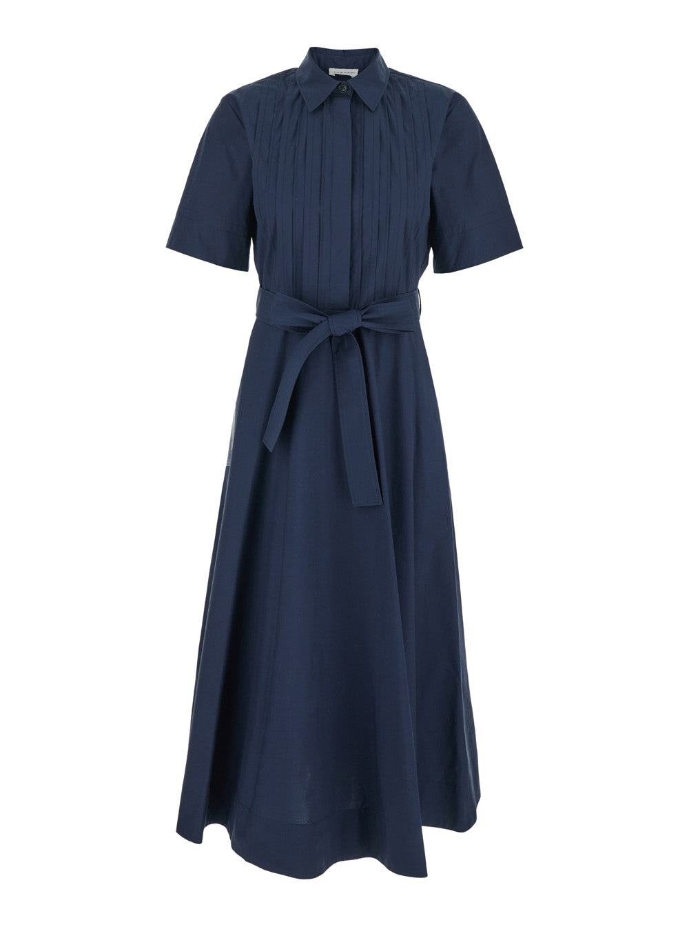 Long Dress with Classic Collar and Waist Belt in Blue Cotton for Women Blu