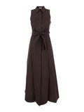 Long Sleeveless Dress with Front Belt and Classic Collar in Brown for Women Cotton