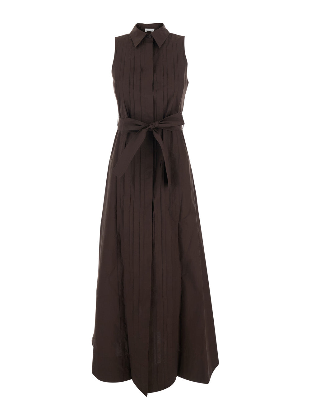 Long Sleeveless Dress with Front Belt and Classic Collar in Brown for Women Cotton