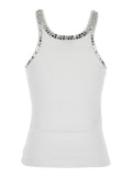 Sleeveless Top with Rhinestone Decoration and Ribbed Knit in White Cotton for Women Polyester Tops