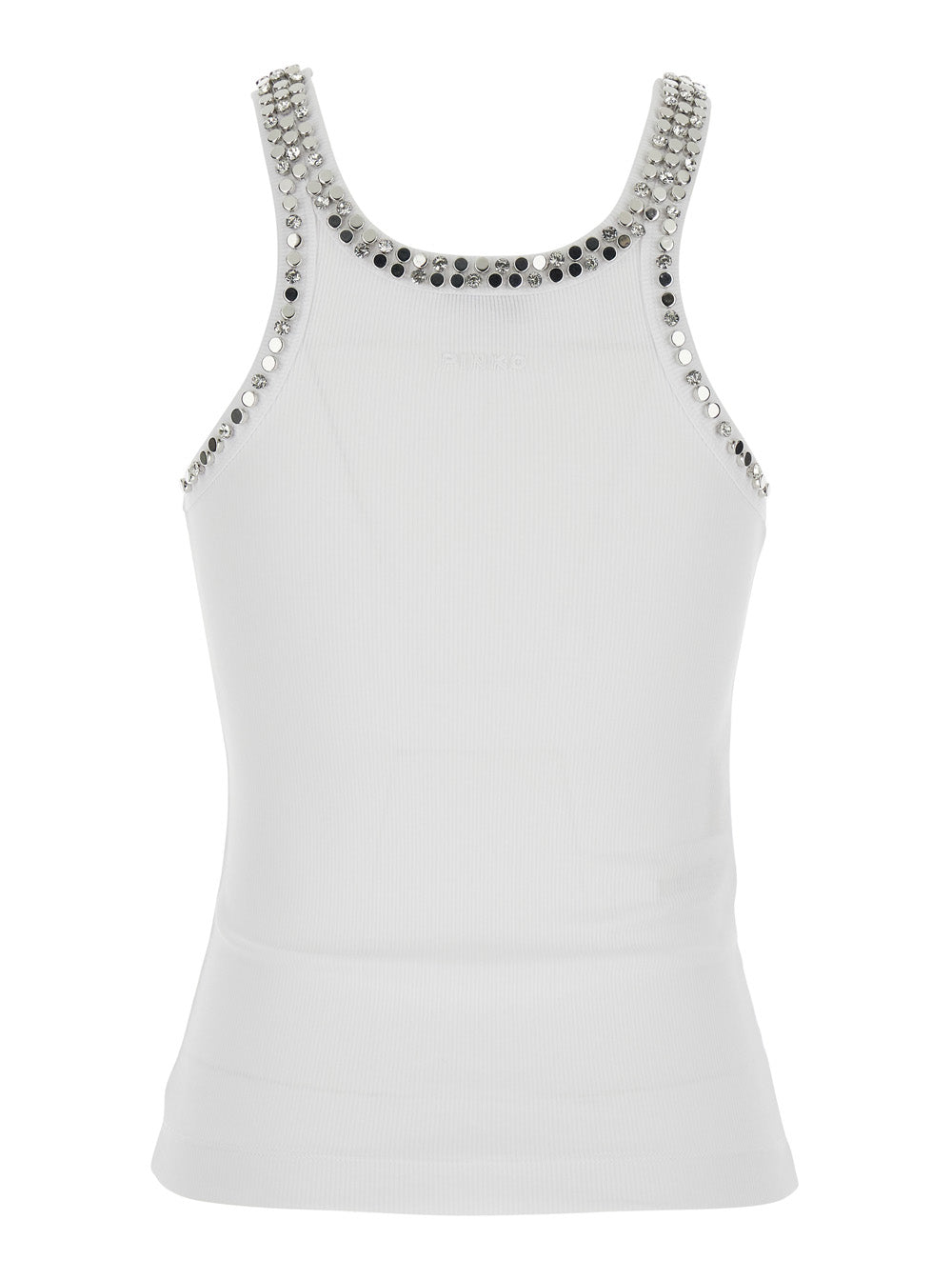 Sleeveless Top with Rhinestone Decoration and Ribbed Knit in White Cotton for Women Polyester Tops