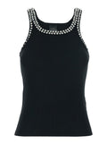 Sleeveless Top with Rhinestone Decoration and Ribbed Knit in Black Cotton for Women Polyester Tops