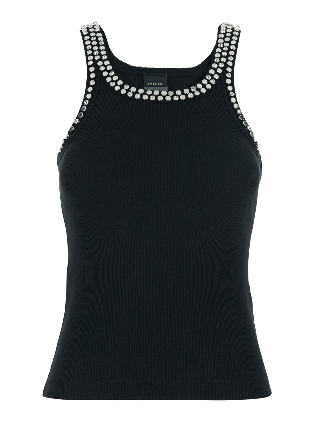 Sleeveless Top with Rhinestone Decoration and Ribbed Knit in Black Cotton for Women Polyester Tops