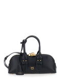 Handbag Bowling Bag Horizontal with Adjustable and Removable Shoulder Strap Black Leather Lock Detail for Women Hand