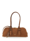Large Bowling Horizontal Shoulder Bag with Adjustable and Removable Strap Brown Leather Lock Detail for Women