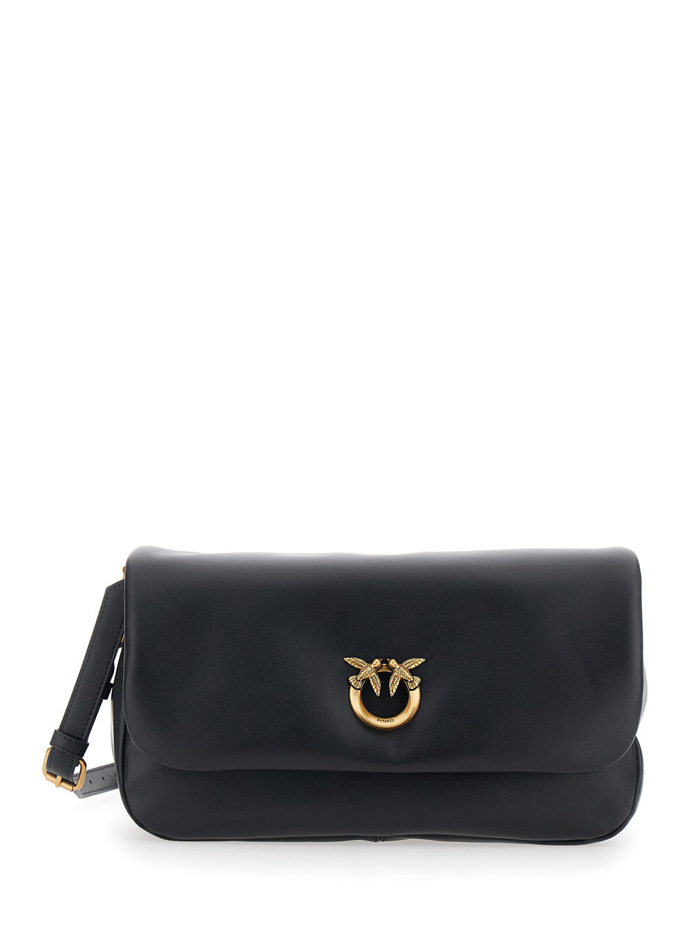 Shoulder Bag With Adjustable Strap And Love Birds Diamond Cut Plaque On The Front Black Leather For Women