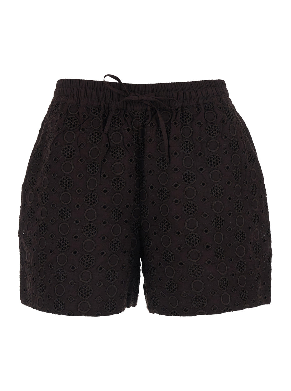 Liz Shorts with Elastic Waist and Drawstring All-Over Embroidery in Brown for Women Cotton Bermuda