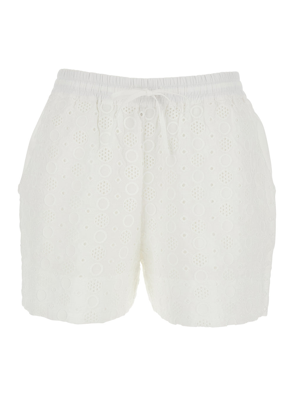 Liz Shorts with Elastic Waist and Drawstring All-Over Embroidery in White Cotton for Women Bermuda