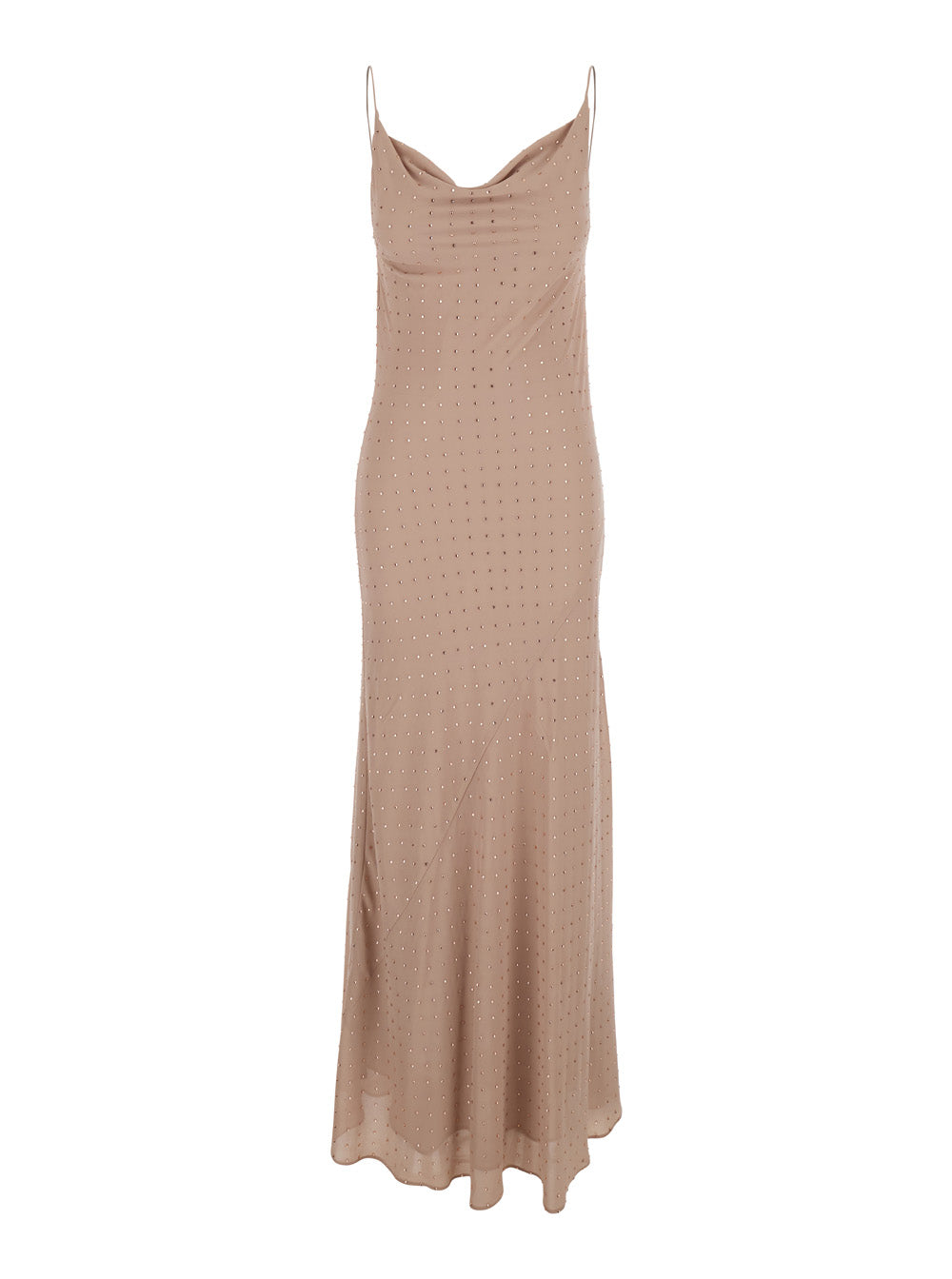 Long Dress with Draped Neckline and Open Back in Beige Tech Fabric for Women Polyester