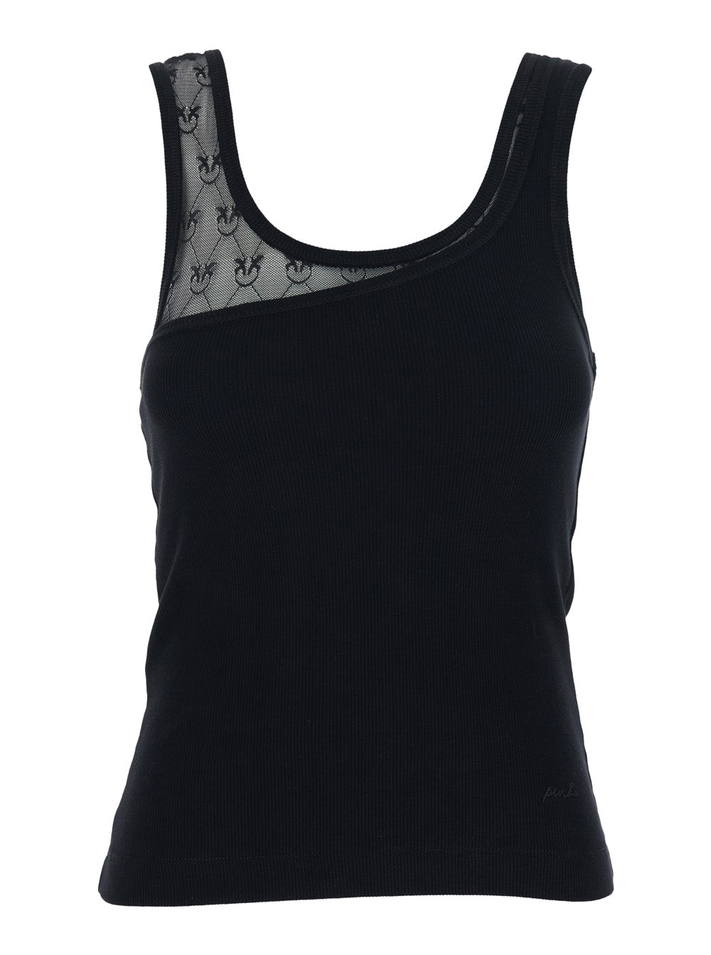 Sleeveless Top with Love Birds Embroidery on the Strap in Black Stretch Cotton for Women Elastane Tops
