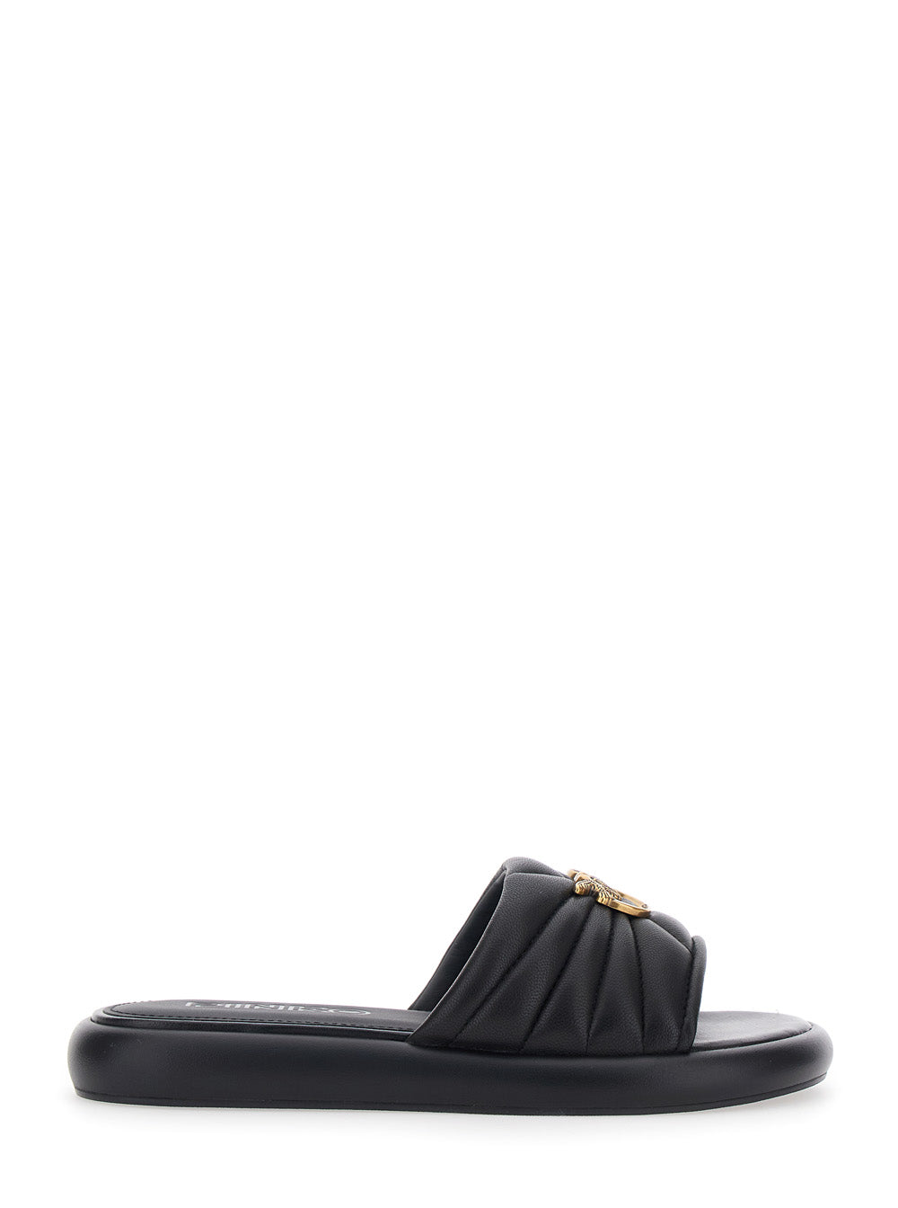 Fiona Slides with Chunky Design and Love Birds Logo Plate in Black Leather for Women Sheep Flat Shoes