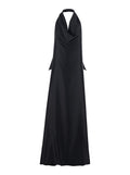 Black Long Dress With Halterneck And Open Back Fabric Woman