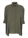 Silk Shirt with Classic Collar and Hidden Button Closure on Front Green Women Blouses