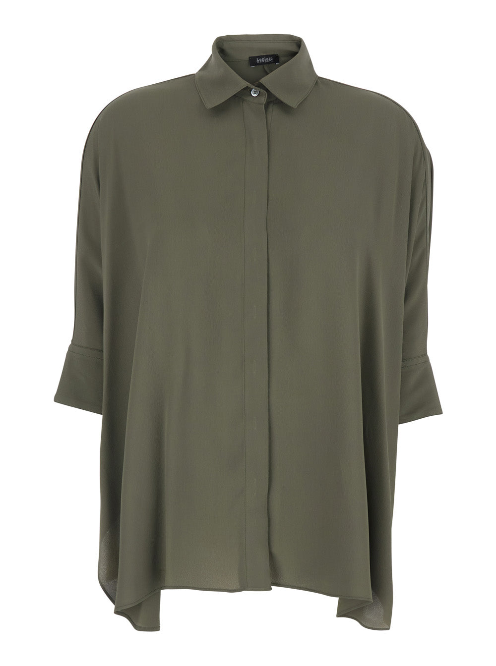Silk Shirt with Classic Collar and Hidden Button Closure on Front Green Women Blouses