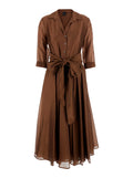 Brown Long Dress With Adjustable Waist Belt And Cuban Collar Fabric Woman