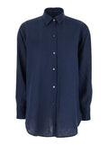Blue Shirt with Classic Collar and Long Sleeves in Linen for Women Blu Blouses
