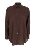 Brown Linen Shirt with Classic Collar and Button Closure Woman Blouses