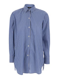 Shirt with Classic Collar and All-Over Striped Pattern in Blue Cotton for Women Blu Blouses
