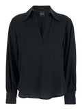 Black Polo Collar Blouse with V-Neck in Silk Blend Woman Acetate Shirts And Blouses