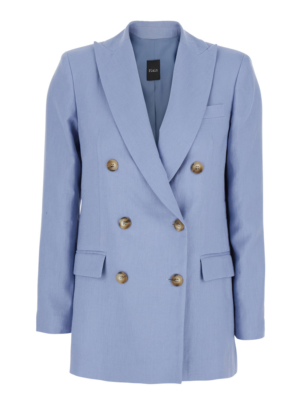 Blue Double-breasted Jacket with Notched Revers in Linen for Women Light Blazers