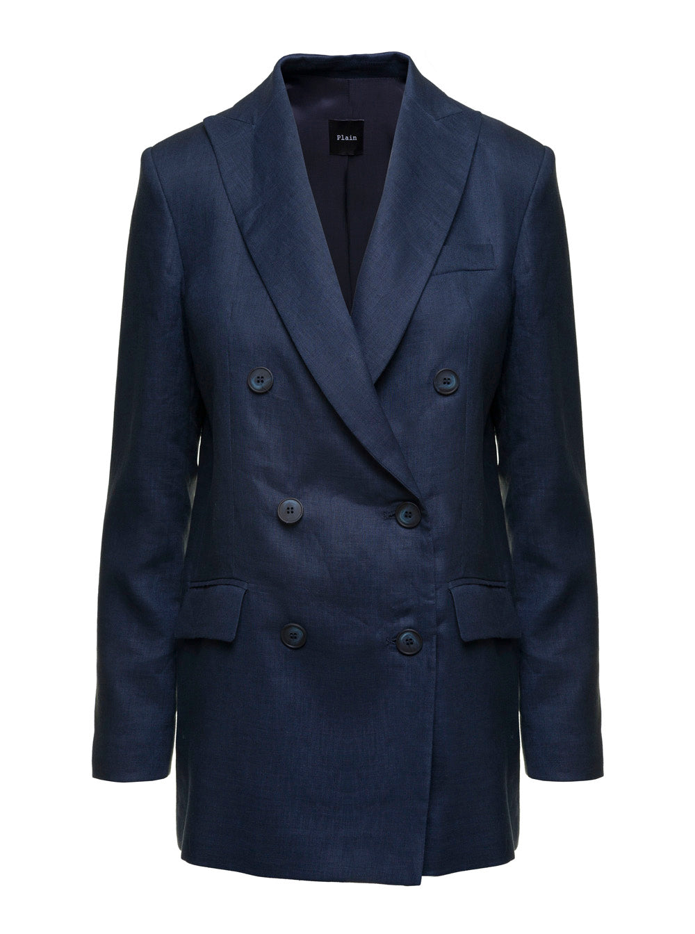 Blue Double-breasted Blazer In Linen Women Blu Blazers