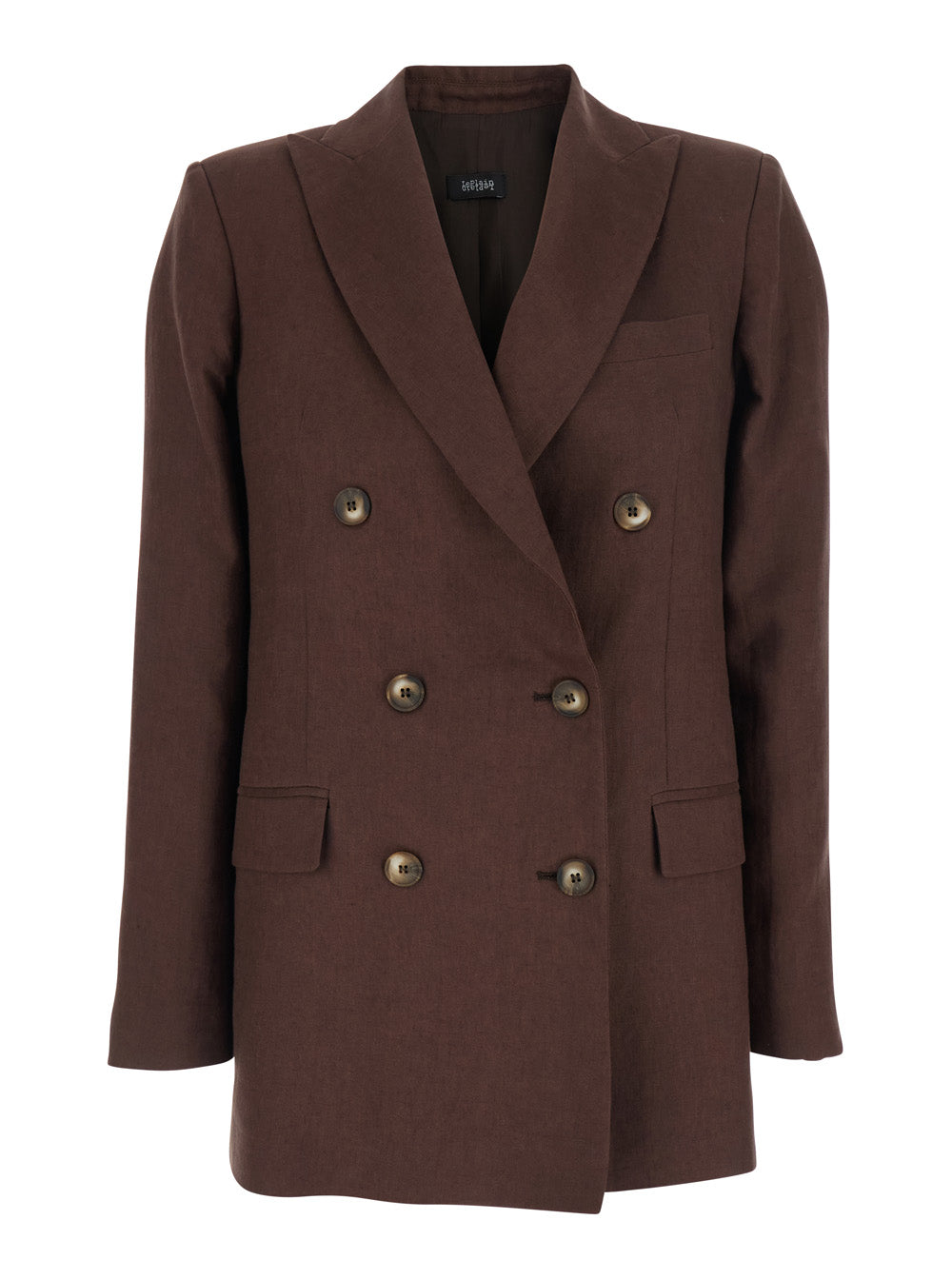 Brown Double-breasted Jacket with Peak Revers in Linen for Women Blazers