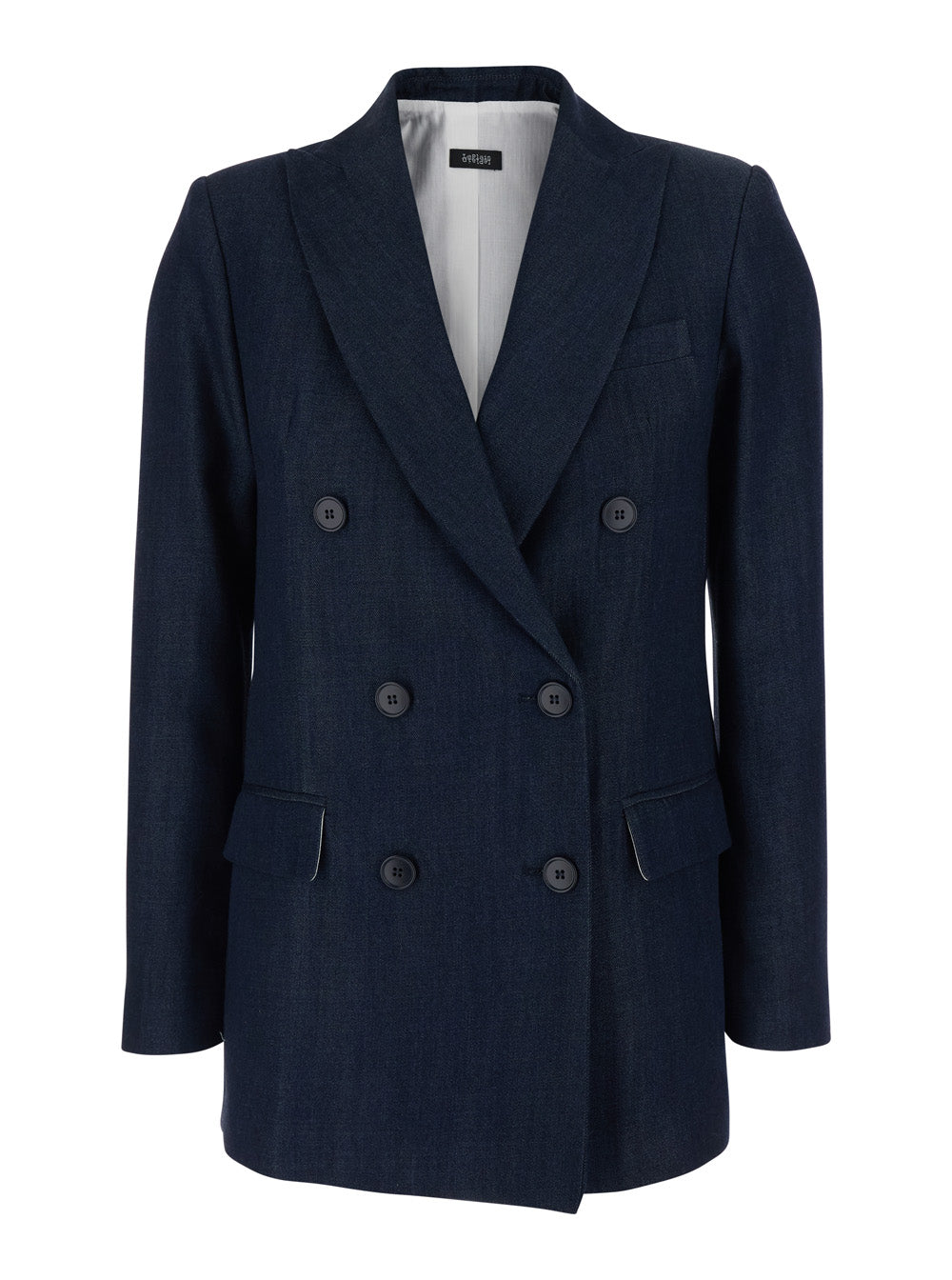 Double-breasted jacket with peak revers in blue tech fabric for women Blu Tencel Blazers