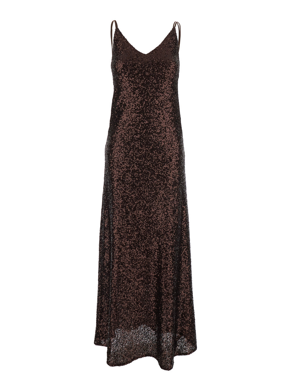 Long Dress Plain With Straps And All-Over Applied Sequins Brown Fabric For Women - IT 42