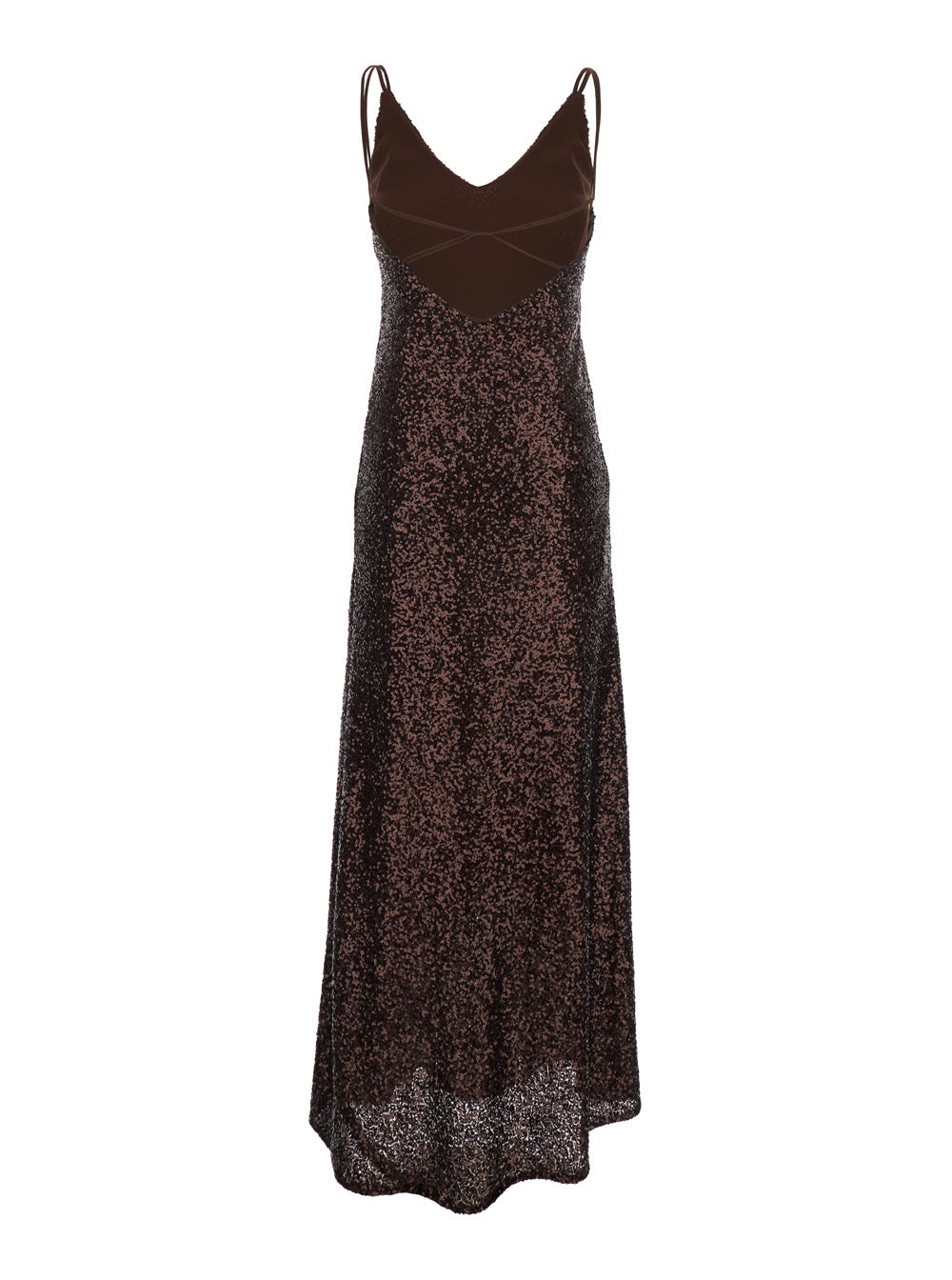 Long Dress Plain With Straps And All-Over Applied Sequins Brown Fabric For Women - IT 40