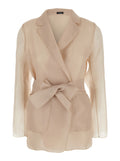 Technical Fabric Beige Jacket with Notched Revers and Waist Tie for Women Polyester Blazers