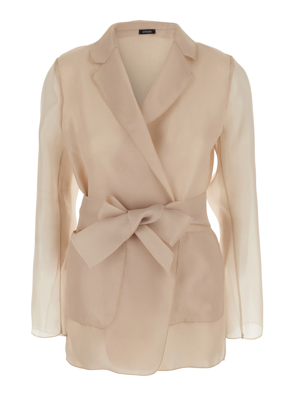 Technical Fabric Beige Jacket with Notched Revers and Waist Tie for Women Polyester Blazers
